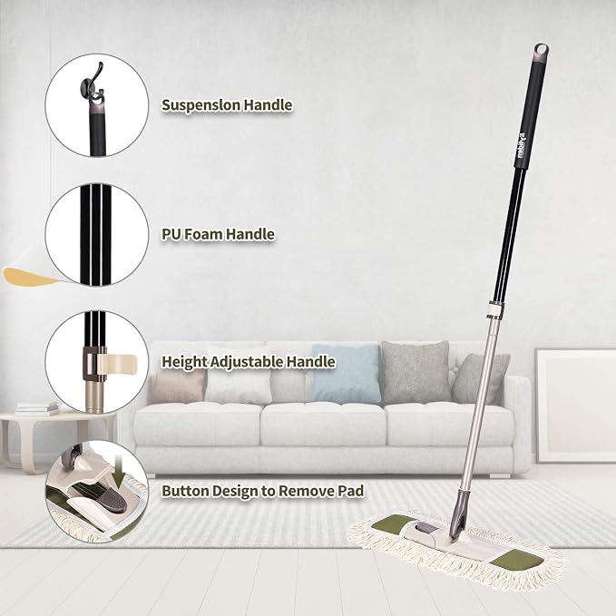 Eyliden Dust Mop, 2 Microfiber Pads, Home Commercial Cleaning, Quick Swap | 52.6" Adjustable Handle, 360° Swivel, Washable, Wet Dry Mops for Kitchen Hardwood Vinyl Tile Floor Cleaning, Push Dust Broom