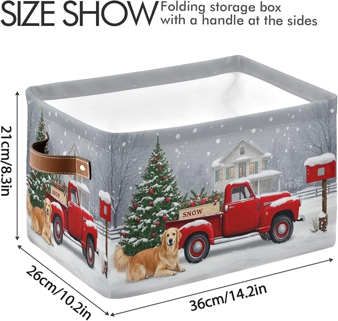 Christmas Tree Red Truck Storage Basket Fabric Laundry Baskets Winter Snowman Snowflake Golden Retriever Dog Storage Boxes Organizer Bag for Cloth Toy Book Storage Cubes Shelf Closet Bins 16×12×8