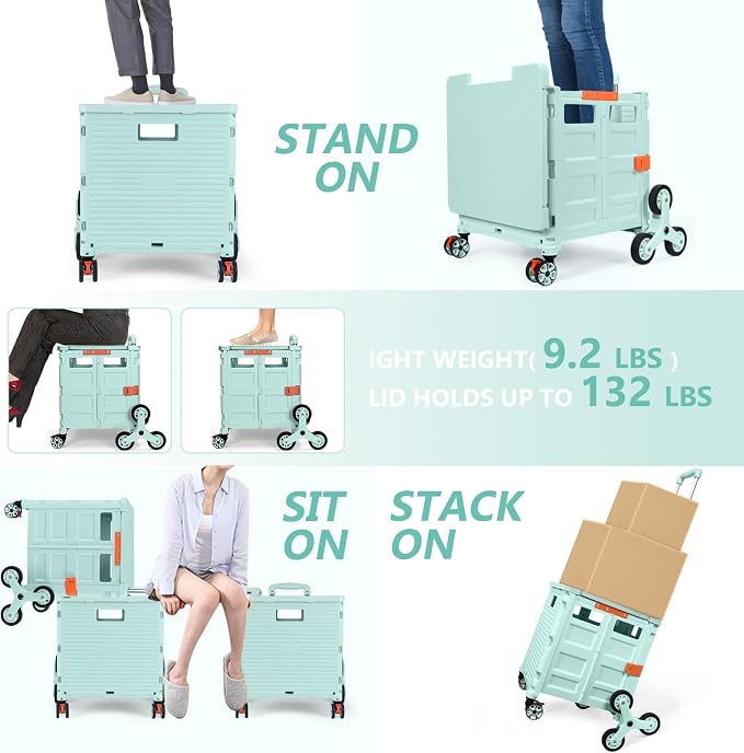 Foldable Utility Cart with Stair Climbing Wheels,Collapsible Rolling Crate with Magnetic Lid Telescopic Cover,Telescoping Handle,360° Rotate Wheel Hand Cart for Teacher Shopping Moving Grocery(Green)