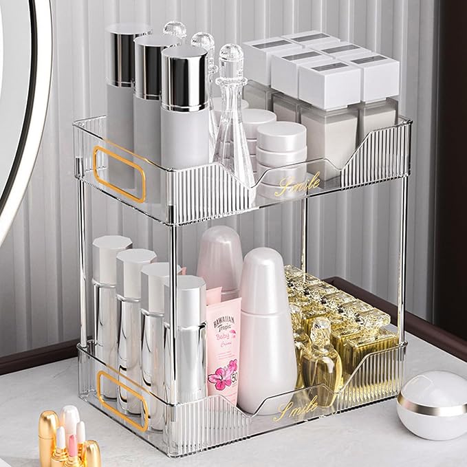 Bathroom Counter Organizer, Makeup Perfume Organizer Storage for Coutertop Bathroom Vanity Sink Desk Office Kitchen Tool (Vertical Stripe Clear, 2-Tier)