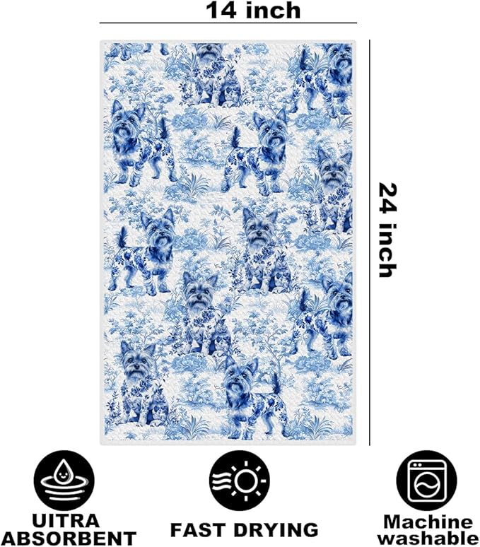 Chinoiserie Yorkshire Terrier Kitchen Towels 24x14 Inch, Yorkshire Terrier Gifts Reusable Dish Towels for Kitchen Decor, Blue and White Floral Waffle Weave Hand Towel, Dog Gifts for Women Mom