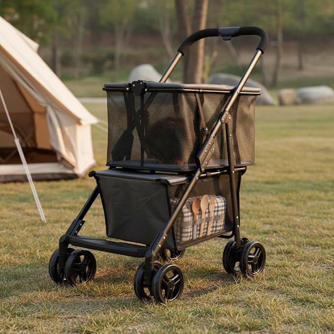 Generic Foldable Cart Utility Shopping Pet Carrier Rolling Trolley with Detachable Crate and Easy Steering Wheels Metal and Oxford Cloth Suitable, Black, Black, Two-Way Hand Cart