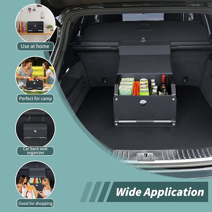 Car Trunk Organizer Leather Car Storage Organizer with Lid Car Organizer | Suv Trunk Organizer with Sturdy Handle Car Cargo Storage Box for Minivan, Sedan, Jeep (Black, 16.7 x 11.4 x 12.2in)