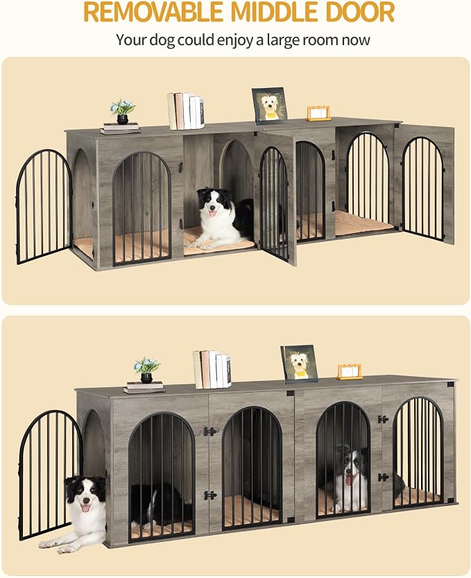 Hzuaneri 86.6" Double Dog Crate Furniture, Dog Kennel Indoor with Cushion | Heavy Duty Dog Crate Furniture for 2 Dogs,Dog Cage End Table TV Stand with Divider for Med-Large Dog,Greige Black DFC84005BV1