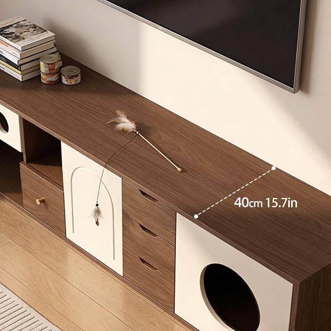 Hidden Cat Bed TV Cabinet, Cat Enclosure Furniture, Wooden TV Stand Table | Pet-Friendly TV Stand with Cat House, Storage Cabinets and Cable Hole, for Home Living Room(240 cm/94.5 in)