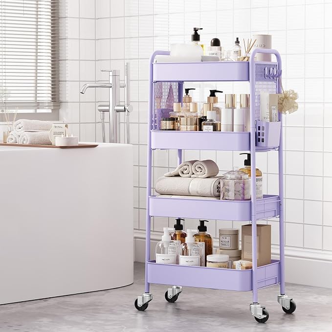 TOOLF 4 Tier Rolling Cart, Metal Utility Storage Cart with Pegboard, Purple | 2 Bins & 4 Hooks, Screwless Assembly, Lockable Wheels, Trolley Organizer for Bathroom, Kitchen, Office, Dorm, Craft Room