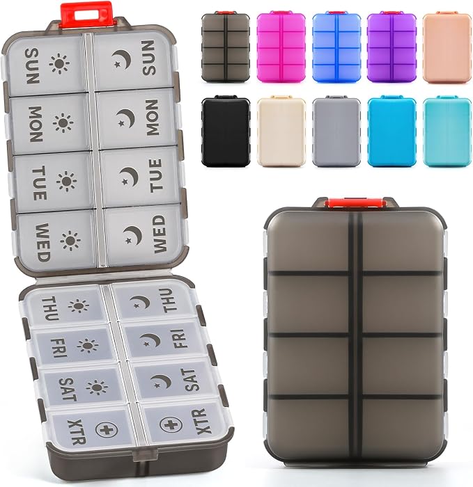 Foldable Weekly Pill Organizer 2 Times a Day with 2 Extra Compartments - Etched Label - Portable 7 Day AM PM Medicine Box, Week Daily Travel Pill Case Holder for Meds, Vitamin, Supplement, Clear Black