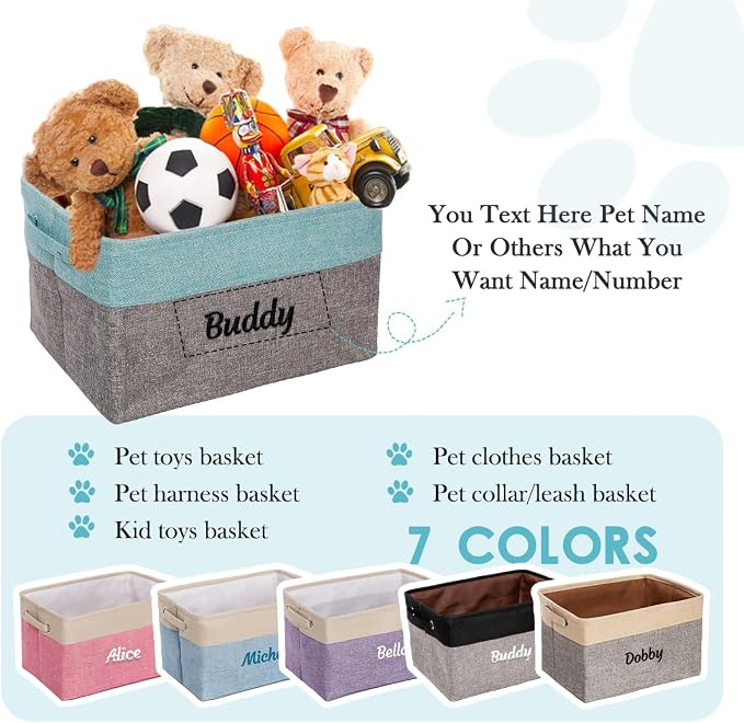 Ulico Personalized Dog Toy Storage Basket, Collapsible Pet Storage Organizer Box with Handles, Custom Dog Toy Bin with Pet's Name Cat Toy Storage Gift for Dog Lovers（Grey Blue）