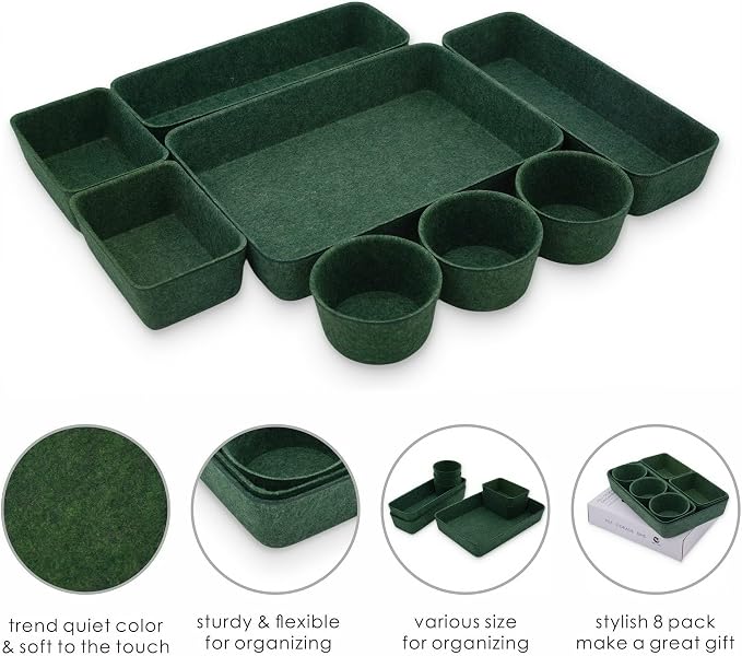 Welaxy Drawer Organizer Tray Quiet luxury 8pc Storage Bin Forest green | Sustainable material soft yet sturdy,multi-purpose storage, sleek minimalist lifestyle