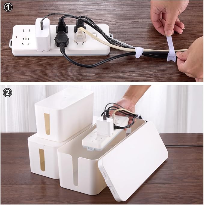 Tuwechen 3 Pack Cable Management Box, Cable Organizer Box to Hide Wires | Desk Cord Organizer with 18-Piece Cable Management, Power Strips Holder, for Home & Office, White