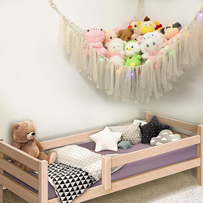 Stuffed Animal Hammock with LED Lights - 59 Inch Large Toy Storage Net for Kids Bedroom, Wall-Mounted Plush Organizer with Wooden Rings, Nursery Decor (Handwoven, White)