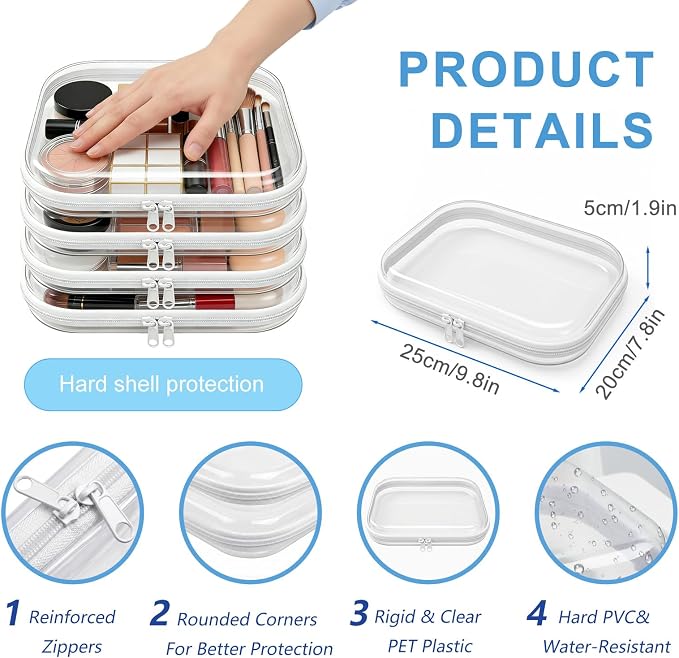 4 Pack Clear Hard Shell Zipper Case, Clear Zipper Pouches for Organizing, Diaper Bag Organizer Pouches, Transparent Hard Plastic Storage Case for Travel, Toiletry Essentials (4M)