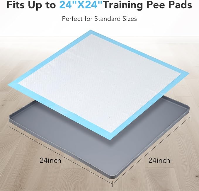 Pee Pad Holder for Dogs, Dog and Puppy Pee Pads Holder, 24"x24" Non-Slip & Leak-Proof & Portable Silicone Mat with Raised Edge Design, Square Puppy Potty Training Tray for Home Floor Protection(Grey)