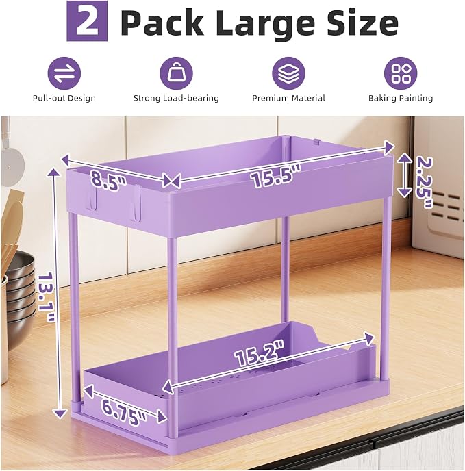 Simple Trending Under Sink Organizer 2 Pack, with Sliding Drawer, Purple | 2-Tier Multi-Use Under Shelf Organizer with Hooks, Sink Pull-Out Sliding Storage Cabinet for Kitchen Bathroom, Easy Assembly