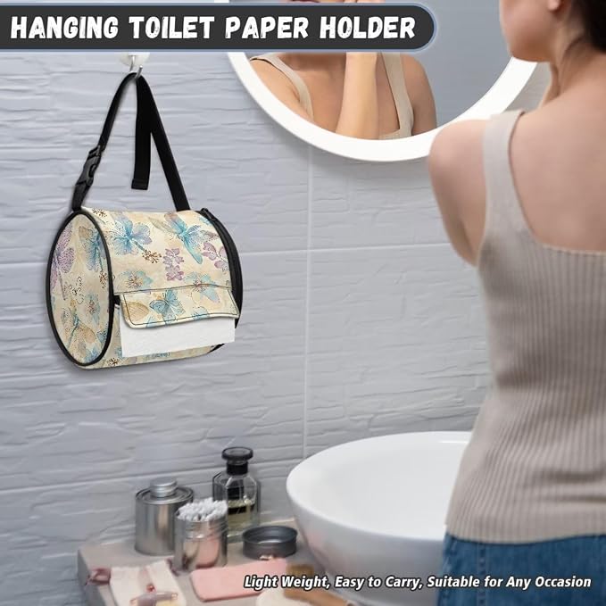 Hanging Paper Tower Holder Wall Mounted Cylinder Toilet Paper Roll Storage Holder with Adjustable Strap Easy to Install 6.3 * 6.3 * 6.3 Inch,Aesthetic Dragonfly