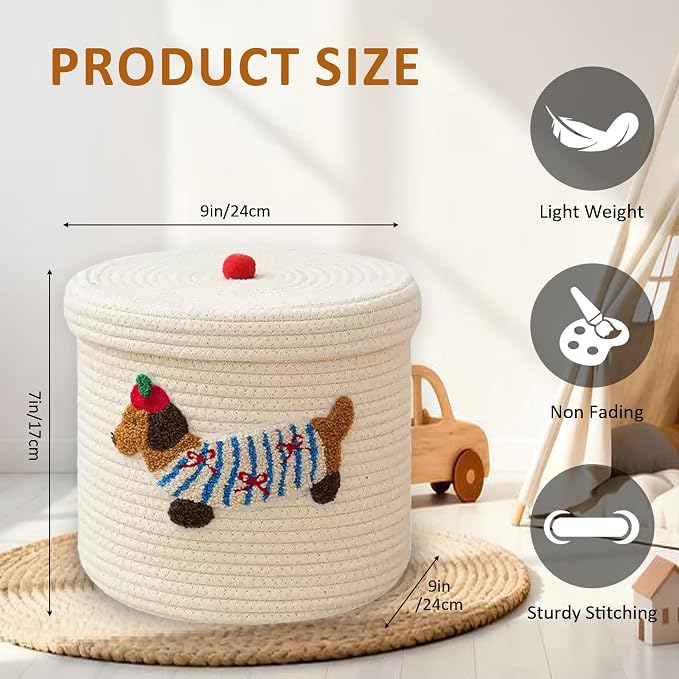 Cute Dog Cotton Rope Storage Basket with Lid, 10"×10"×9" Woven Storage Bin, Large Capacity Dustproof Toy Organizer, Decorative Laundry Hamper for Living Room, Nursery, Kids Room (Small)