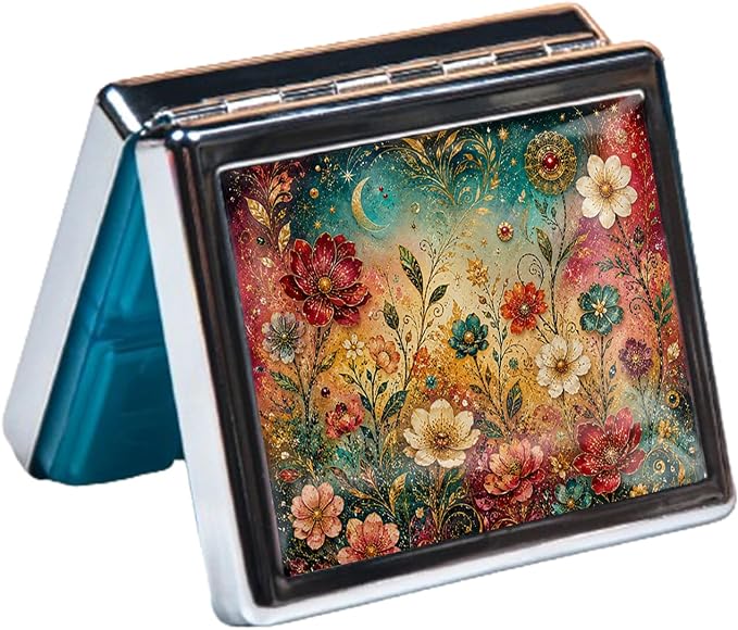 Weekly Pill Organizer with Mirror, 8 Compartments Chrome Pill Box, Portable Travel Medication Organizer for Vitamins and Supplements, Compact Pocket Pill Case for Daily Use (Painted Flowers)