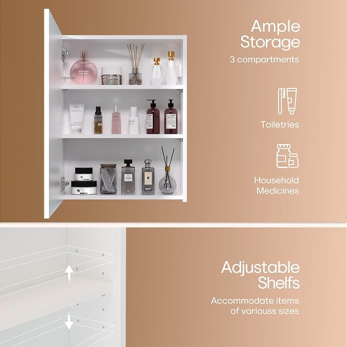 26x20 inch Bathroom Wall Cabinet, Saver Storage Cabinet, Medicine Cabinet with 1 Door and Adjustable Shelves, White（Assembly Required）