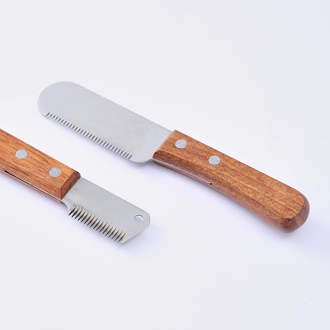 Carding Knife for Dog Grooming, Undercoat Removal Comb for Terriers and Double Coated Breeds, 2 Piece Fine and Coarse Wooden Handle Set for Professional Groomers and Home Use