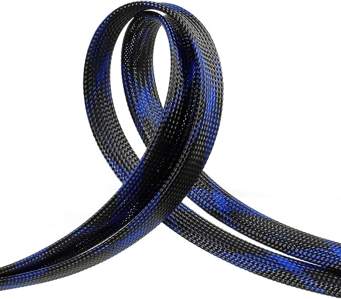 Braided Cable Sleeve, 33t Expandable Wire Loom for Automotive Wiring Harness & PC Case, Pet-Proof Chew Resistant Cord Protector, Flexible Cable Management (Black-Blue, 25mm (1"))