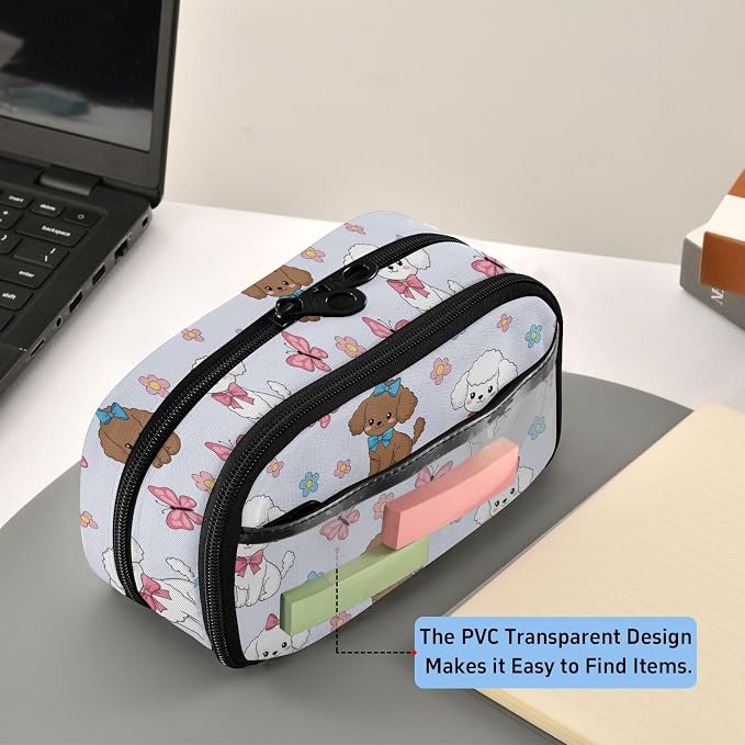 Cute Pets Dogs Blue pattern Large Capacity Pencil Case with Zipper Water Resistant Portable Organizer Pen Bag for Students School Office