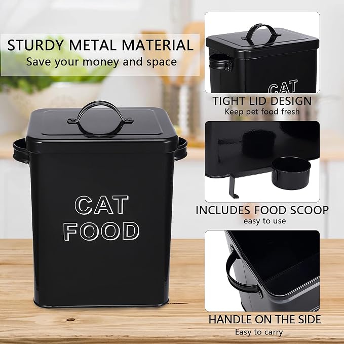 Morezi Metal Cat Food Container with Scoop 5-7 lb, Airtight Pet Food Bin | 25 Cups Cat Kibble Canister with Food Scoop, Sturdy Iron Body, Powder Coated, Airtight Bamboo Lid, Two Side Handle-Black