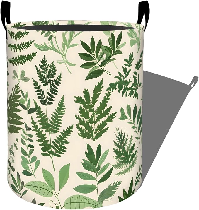 Ferns and Leaves Green Botanical Laundry Basket with Handles, 19.7"x15.7" Clothes Foldable Plant Laundry Hamper Organizer for Dorm Nursery Bedroom Bathroom Decor, Toy Storage Bin for Kids