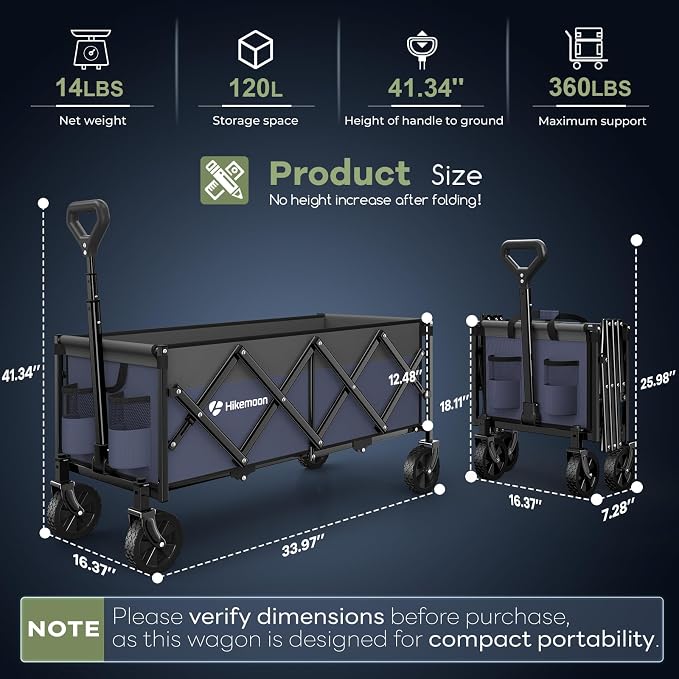 34'' Extra Long Folding Portable Wagon, 120L 360LBS Purple | Wagons Carts Foldable, Heavy Duty, Collapsible Compact Storage, Utility for Shopping/Grocery/Garden/Camping/Sports