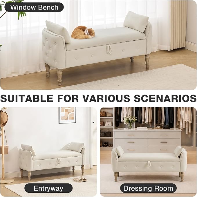 End of Bed Storage Bench King Size,51" Upholstered Bedroom Bench,Beige | Linen Storage Bench for Bedroom End of Bed ,2 Cushion, Vintage Wood Legs ,Tufted,Storage Ottoman Bench for Entryway Window
