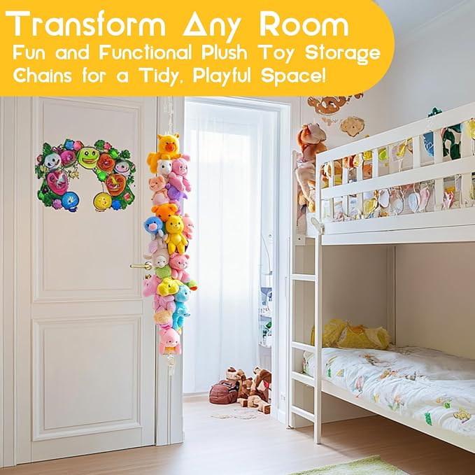 RAINFLOW Cotton Hanging Storage Chain - Display Holder for Stuffed Animals | 2PCS Stuffed Animal Organizer Chain with 40 Metal Clips for Wall, Corner Decor, Hanging Hats, Socks, Holiday Cards,80 Inch