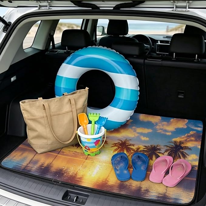 Howilath All Weather Car Trunk Liner Cargo Mat for SUV Sedan Truck, Non-Slip Tropical Sunset Palm Beach Rear Trunk Protector, Ideal for Daily Commute & Weekend Adventure
