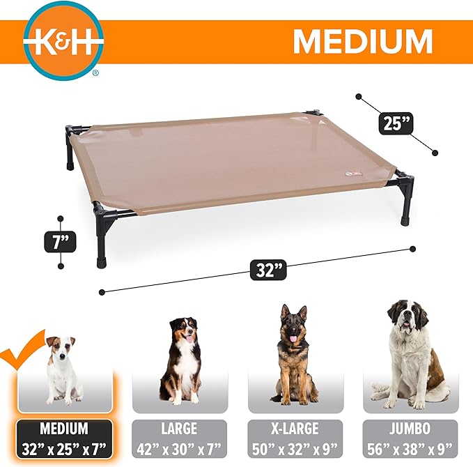 K&H Outdoor Elevated Dog Bed, Cooling Raised Dog Bed, Medium 32x25in, Tan | Pet Cot for Small & Medium Pets, Breathable Mesh 360 Hammock Design, Indoor/Outdoor Washable Cover, Portable Metal Frame