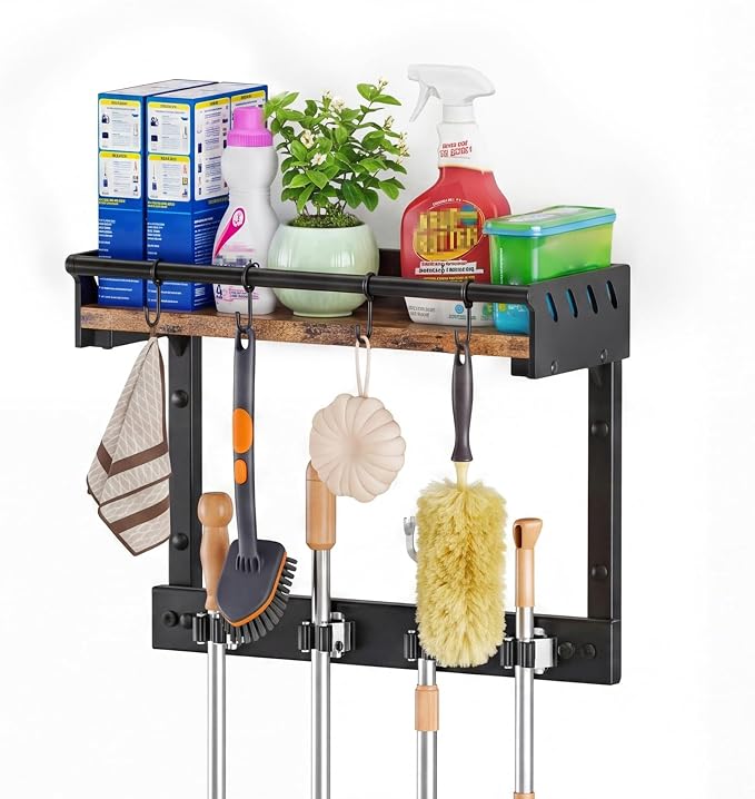 Broom Holder Wall Mount with Shelf,Broom Hanger with 4 Hooks,Broom and Mop Organizer Wall Hanging for Laundry,Garage, Utility,Broom Rack,Cleaning Supplies Organizer and Tool Storage,Black