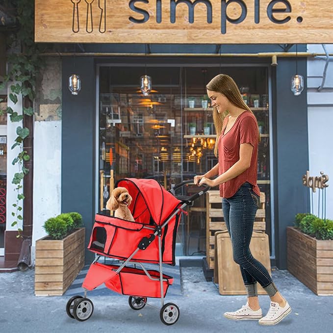 Redcat 3-Wheel Folding Dog & Cat Stroller - Waterproof, Cup Holder & Removable Liner, Medium & Small Pets