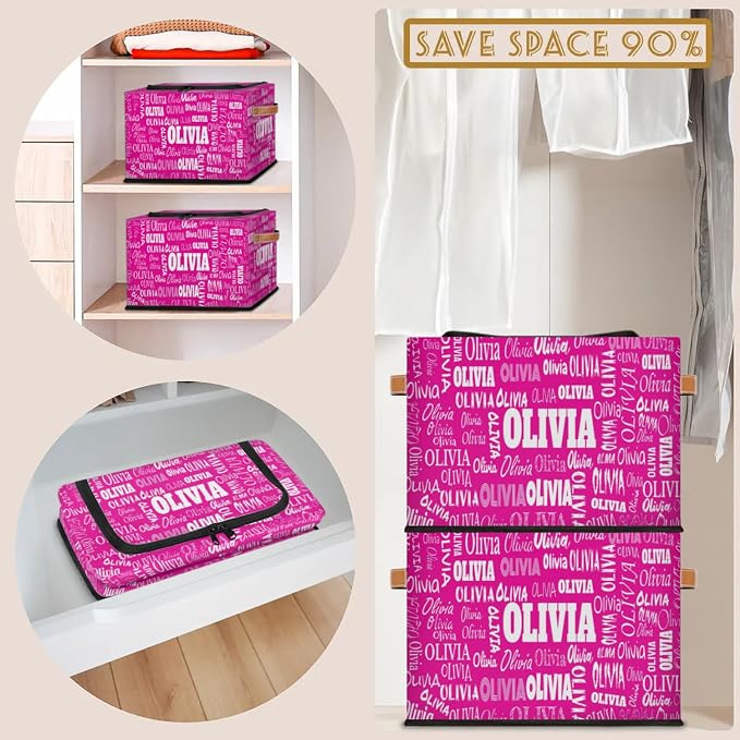 Custom Storage Baskets Named with Zipper Lid, Personalized Storage Bins Basket Boxes PU Leather Handles for Clothes Bedroom Closet Organizing Toys Books Shelves, Deep Pink Color