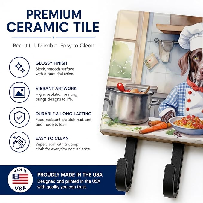 Caroline's Treasures German Shorthaired Pointer The Chef Leash or Key Holder Wall Hooks, Key Hooks Holder, Coat Rack Wall Mount, Coat Hooks, Hooks for Hanging Keys, Towels, Aprons, Leashes | German Shorthaired Pointer The Chef artwork on ceramic tile w...