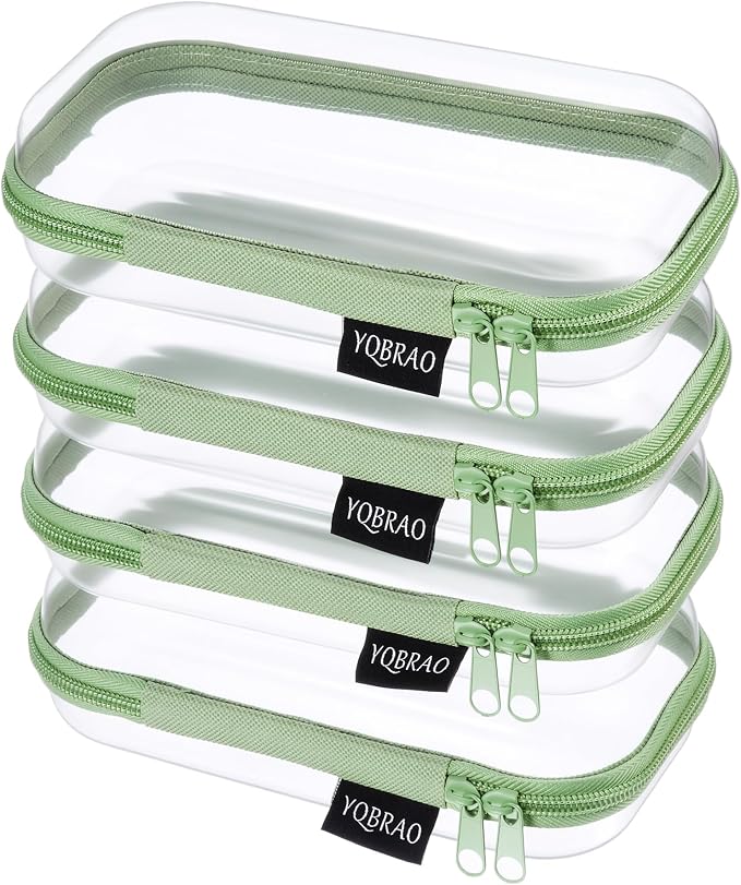 YQBRAO Clear Hard Shell Zipper Cases, 4 Small Cable Organizers, Green | Rigid 1.2 mm PET and YKK dual zippers for cosmetics, charging cords, pens and travel accessories