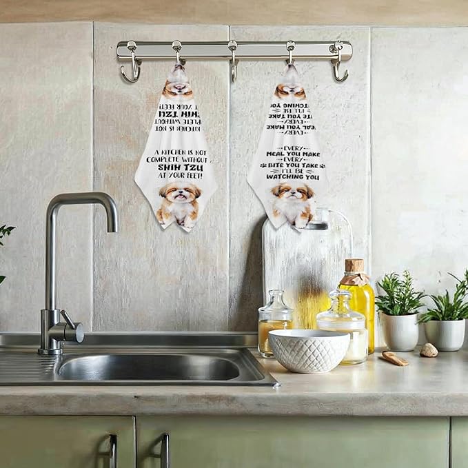 2 Pcs Funny Dog Kitchen Towels, Cute Shih Tzu Decorative Absorbent Microfiber Dish Cloth Tea Towel, Waffle Soft Hand Towels for Kitchen Home Bathroom Decor, Dog Lover Gifts