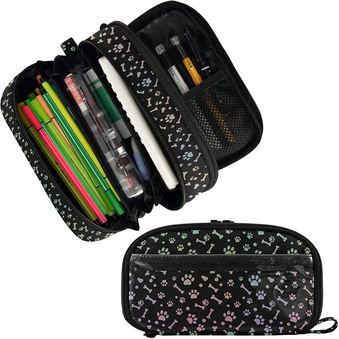 Pet Paw Black pattern Large Capacity Pencil Case with Zipper Water Resistant Portable Organizer Pen Bag for Office Students School