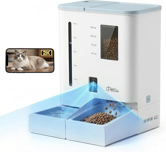 iPettie FW54 Camera Version Automatic Cat Feeder and Water Dispenser, 5G/2.4GHz WiFi App Control, 2K HD Video with Night Vision, Replaceable Water Filter, 300oz Large Capacity for 2 Weeks
