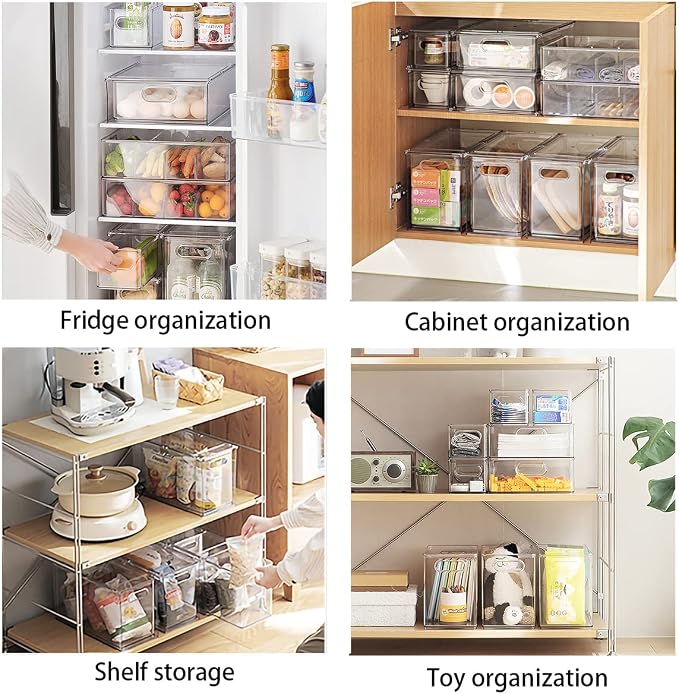 4 pack Stackable Refrigerator Organizer Bins Pull-Out Drawers for Fruit and Veggies Storage Organizer for Fridge Clear Drawer Containers with Handle Divided Organization for Produce Saver