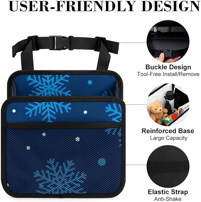 Car Back Seat Organizer Auto Headrest Backseat Storage Bag, Christmas | Snowflake Blue, Vehicle Trash Bag Can with Mesh Pocket, Waterproof Pu Leather Interior Accessories