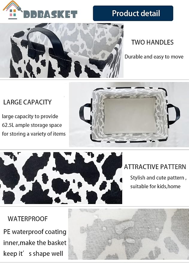 Rectangle Cow Basket Cow Print Storage Bins Cute Canvas Organizer Bin for Bedroom Decor Books, Clothes Shelves Gift Basket(Cow print)