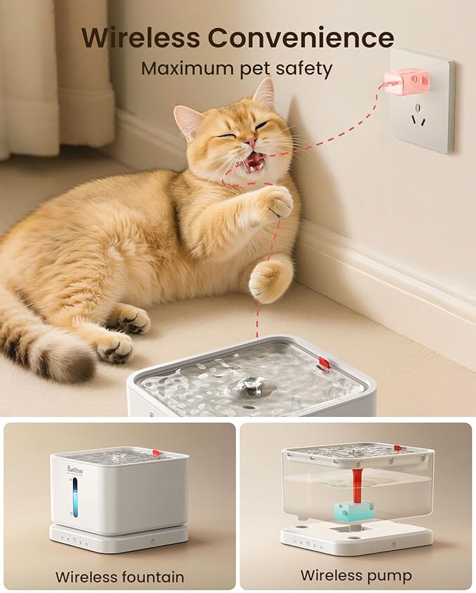 Cordless Cat Water Fountain, 3L/100oz Stainless Steel Tray, Cat Fountains for Drinking, Pet Water Fountains Indoor, Automatic Dog Water Bowl Dispenser, Rechargeable Battery Operated White
