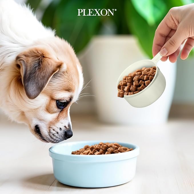 Plexon Metal Dog Food Storage Container with Scoop - Small Dog Food Container Holder Treat Jar Bin with Lid - Pet Chow Storage Canister Tin, 1.5 Gallon, 7 lbs, Off-White
