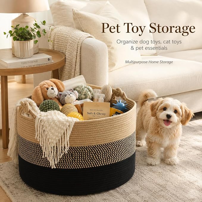 KAKAMAY Large Blanket Basket (20"x13"),Woven Rope Baskets for storage Baby Laundry Hamper, Cotton Rope Blanket Basket for Living Room, Laundry, Nursery, Pillows,Baby Toy chest (Jute/Black)