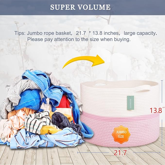 Cotton Rope Basket for Girls Kids, 87L Laundry Hamper, White & Pink