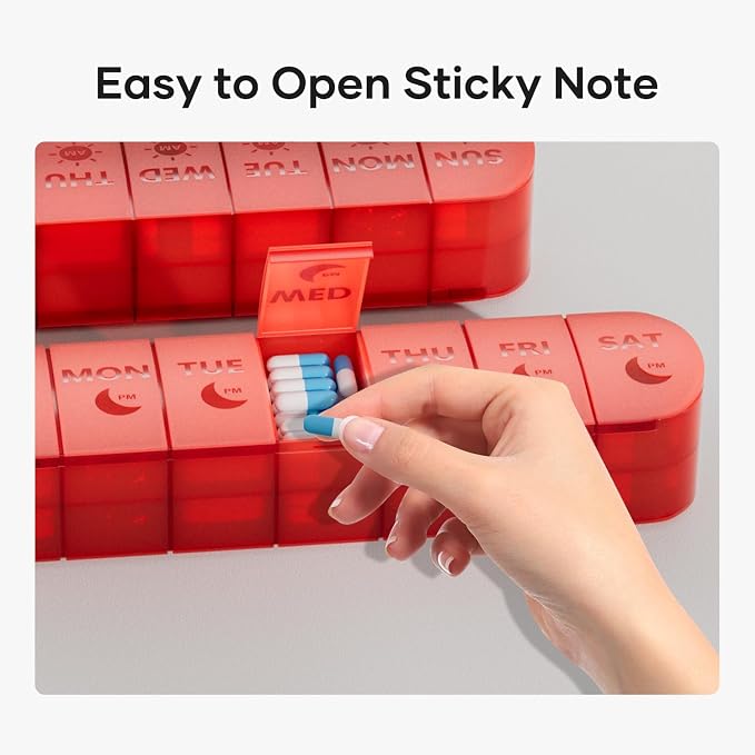 Double Layers Weekly Pill Organizer 2 Times a Day, Portable Travel Medicine Pill Organizer, Pill Box Case 7 Day AM PM Pill Container for Vitamins, Fish Oil, Supplements and Medication, Red