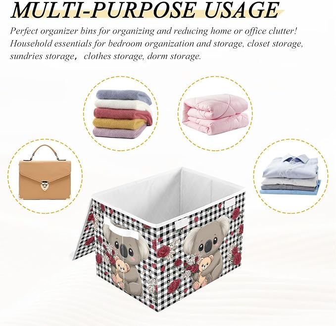 Koala Bear Rose Fabric Storage Bins with Lid Closet Storage Basket 40L | Decorative Storage Boxes, 300D Oxford Cloth, Hollow Board Frame, Flip Top Velcro Lid, 16.5x12.6x11.8 inch, Collapsible Design