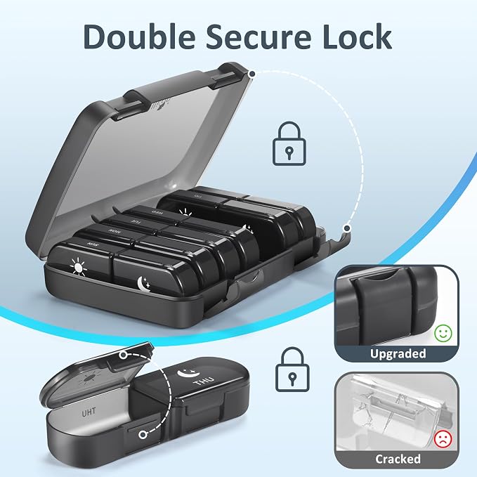 Fullicon Large Portable Pill Organizer 2 Times a Day, Black | Each Compartment Holds 10 Fish Oils or 16 Vitamins, Lid Stays Open Reliably, Double Secure Lock, Durable Hinges, Fits Purse